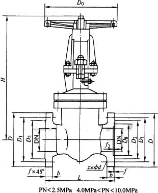 DKZ41H、DKZ41Y型手動真空閘閥 PN10外形結構尺寸圖